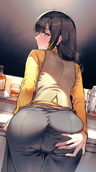1girl absurdres ass black hair black pants blonde streaks brown vest commentary english commentary from behind girls fr…