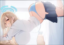 1girl absurdres arched back ass asuna (blue archive) asuna (school uniform) (blue archive) bed bed sheet blonde hair bl…