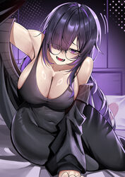 1girl absurdres armpits black dress black hair breasts cleavage commentary covered navel dress glasses goddess of victo…