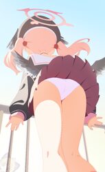 1girl absurdres against railing ass black choker black hat black jacket blue archive chibi chibi inset choker commentar…