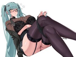 1girl black-framed eyewear black shirt black thighhighs blue nails breasts cleavage commentary crossed legs glasses god…