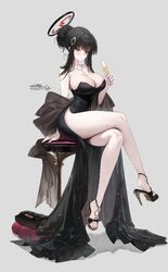 1girl absurdres black dress black hair black halo blue archive braid braided base breasts bright pupils bun with braide…