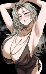 1girl alternate costume arm up armpits arms behind head arms up black background blonde hair blush breasts cleavage dre…