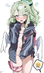 1girl absurdres backpack bag bikini black bikini blush breasts choker commentary green eyes green hair grey jacket hair…