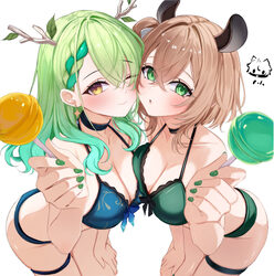 ) 2girls absurdres animal ears antlers asymmetrical docking bikini black choker blue bikini braid braided bangs breast …