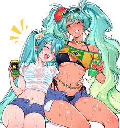 2026 fifa world cup 2girls aqua hair bikini black bikini blue shorts blush brazilian miku breasts can dark-skinned fema…