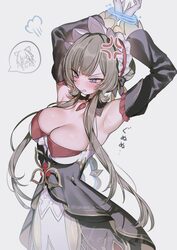 2girls anger vein armpits arms up black collar black sleeves blush bonnet breasts brown hair collar columbina (genshin …