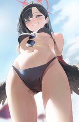 1girl absurdres artistic error ass visible through thighs bikini black bikini black hair black wings blue archive blurr…