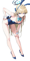 1girl alternate breast size (smaller) animal ears ankle bare shoulders bent over blonde hair blue archive blue bow blue…