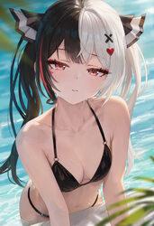 1girl ahoge alternate costume bikini black bikini black hair blush breasts collarbone commentary ddcc0123 hair ornament…