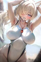 1girl absurdres adjusting hair animal ear fluff animal ears armpits arms up bare arms bare shoulders beach blonde hair …