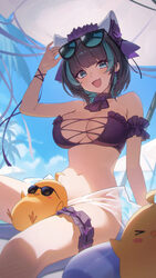 1girl absurdres adjusting eyewear animal ears arm up azur lane bare shoulders beach umbrella bikini bikini top only bla…