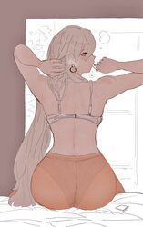 1girl absurdres ahoge ass back bed blush bra commentary request condom condom in mouth condom wrapper earrings fate/gra…