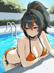1girl absurdres alternate costume bikini black hair blush breasts cleavage commentary request day halterneck highres ko…