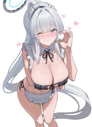 ) 1girl absurdres apron arm under breasts bikini black bikini blue archive blush breasts commentary half-heart hands ha…
