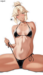 1girl alter servant bikini bikini pull black bikini blonde hair blush breasts clothes pull commentary fate/grand order …