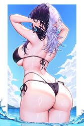 1girl absurdres arms behind head ass bikini black bikini black hair blue sky breasts cloud commentary cumulonimbus clou…