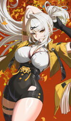 1girl absurdres alternate hairstyle black gloves black unitard breasts chinese commentary cleavage commentary request e…