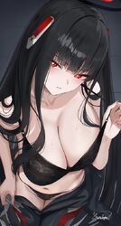 1girl absurdres artist name black background black bra black hair black halo blue archive bra breasts collarbone commen…