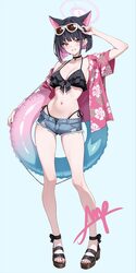 1girl animal ears bikini black bikini black hair black sandals blue archive blue shorts breasts cat ears cat girl color…