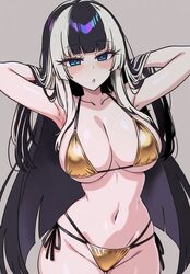 1girl adjusting hair alternate costume arms behind head arms up bikini black hair blue eyes blunt bangs breasts comment…