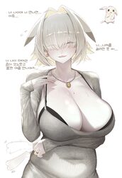 1girl absurdres arm under breasts black bra blush bra bra peek breasts check translation cleavage commentary crossover …
