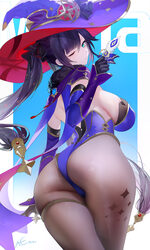 1girl aqua eyes artifact (genshin impact) ass ass focus black pantyhose blue background blue leotard blue sleeves borde…