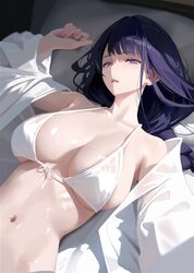 1girl bikini breasts front-tie bikini top front-tie top genshin impact large breasts long hair looking at viewer navel …