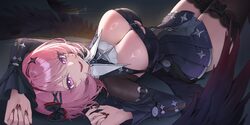 1girl absurdres black bow black dress black shrug black thighhighs black wings bow breasts cleavage commentary dress ha…