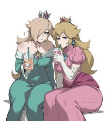 2girls ? absurdres bare shoulders blonde hair blue eyes bubble tea commentary crown cup dress drinking earrings elbow g…