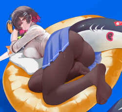 1girl absurdres ass bao (pixiv 99415611) black hair blue background blue skirt breasts brown pantyhose candy colored in…