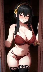 1girl absurdres ass visible through thighs black hair black thighhighs blush bra breasts cleavage closed mouth collarbo…