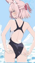 1girl adjusting clothes adjusting swimsuit animal ear fluff animal ears ass back back cutout blue archive blue eyes bow…
