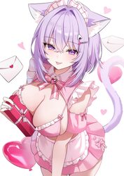 1girl  p absurdres animal ears balloon box breasts cat ears cat girl cat tail cleavage commentary enmaided gift gift bo…