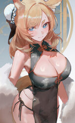 1girl absurdres animal ears arknights black dress blonde hair blue eyes blush breasts bun cover chinese clothes cleavag…