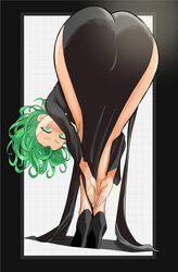 1girl alt text amen pose (meme) ass ass focus bent over black border black dress black shoes blush border curly hair dr…