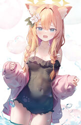 1girl @ @ absurdres animal ear fluff animal ears ass visible through thighs black one-piece swimsuit blue archive blue …