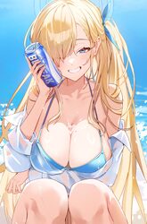 1girl alternate costume arm under breasts asuna (blue archive) b soyo1 beer can bikini blonde hair blue archive blue bi…