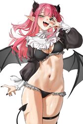 1girl absurdres bib collar black bra black horns black nails black panties black shrug black wings blush bra breasts cl…