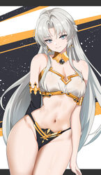 1girl absurdres ahoge aqua eyes bare shoulders bikini black bikini breasts carlotta (wuthering waves) cleavage closed m…