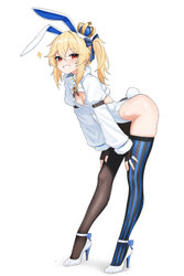 1girl absurdres animal ears asymmetrical legwear bent over black gloves black thighhighs blonde hair blush breasts comm…
