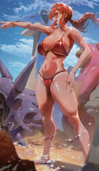 1girl  d absurdres barefoot bikini blue sky blurry blurry background breasts cloud cloyster commentary dated commentary…