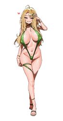 1girl absurdres ahoge blonde hair blush breasts commentary commission curvy elf flower green eyes green slingshot swims…