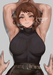 1boy 1girl absurdres armpits arms up belt black shirt blush boku no hero academia breasts brown belt brown eyes brown h…