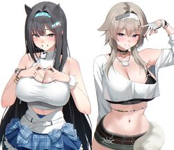 2girls aqua headband belt black choker black nails black sports bra blue eyes blue skirt bow bracelet breasts cat neckl…