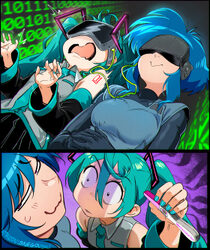 2girls    3 absurdres aqua hair aqua nails aura averting eyes binary blue hair commentary constricted pupils covered ey…