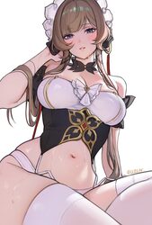 1girl absurdres bare shoulders blue eyes blush breasts brown hair cleavage commentary detached collar genshin impact ha…
