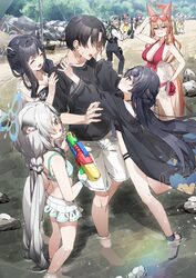 1boy 6+girls  d absurdres beach bikini black bikini black hair blue archive blue halo blush braid breasts cleavage clos…