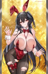 1girl against fourth wall against glass animal ears azur lane black hair bow bowtie breast press breasts breasts on gla…