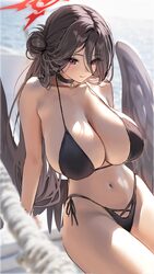 1girl arm support bare shoulders beach bikini black bikini black choker black hair black wings blue archive blurry blur…